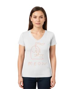 Model trägt weißes Katzen V-Neck T-Shirt mit rosa Print meow von LEODIN Design
