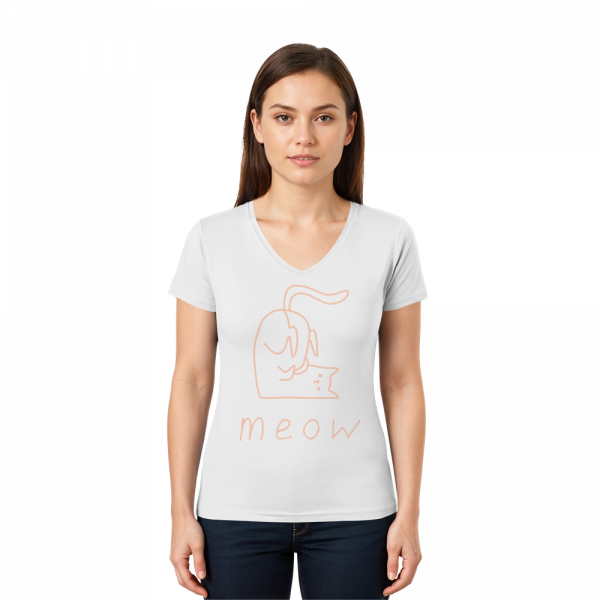 Model trägt weißes Katzen V-Neck T-Shirt mit rosa Print meow von LEODIN Design