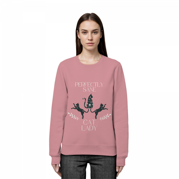 Frau trägt rosa Cat Lady Sweatshirt Damen mit stilvollem Katzenprint