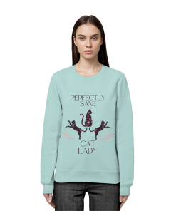 Frau trägt türkises Cat Lady Sweatshirt Damen mit minimalistischem Katzenprint