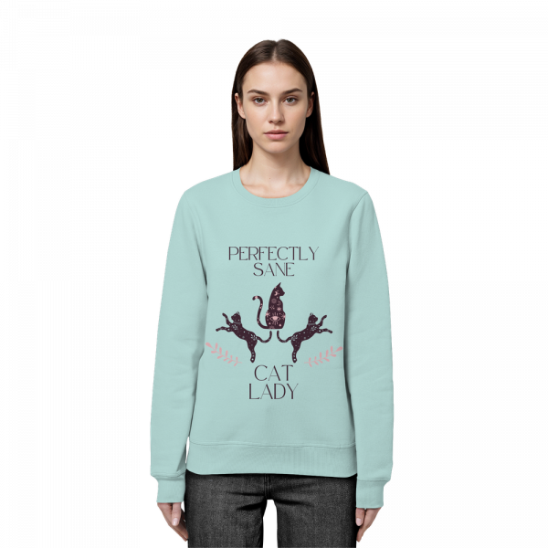 Frau trägt türkises Cat Lady Sweatshirt Damen mit minimalistischem Katzenprint
