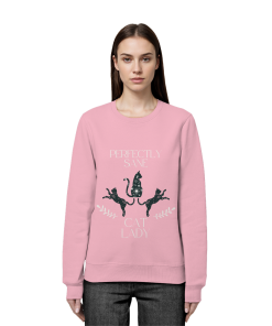 Frau trägt pinkes Cat Lady Sweatshirt Damen mit stilvollem Katzenprint