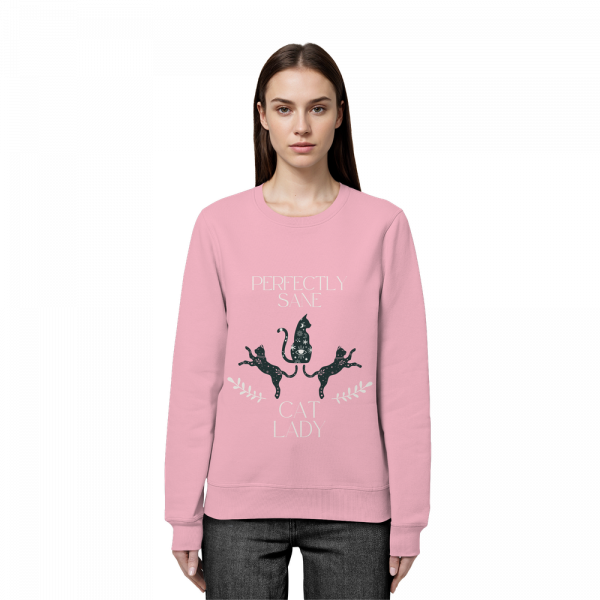 Frau trägt pinkes Cat Lady Sweatshirt Damen mit stilvollem Katzenprint