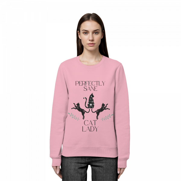Frau trägt rosa Cat Lady Sweatshirt Damen mit stylishem Katzenprint