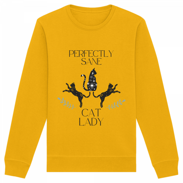 goldgelbes Cat Lady Sweatshirt Damen mit stylishem Katzenmotiv und Schriftzug