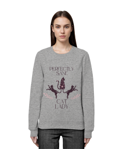 Frau trägt graues Cat Lady Sweatshirt Damen mit minimalistischem Katzenprint