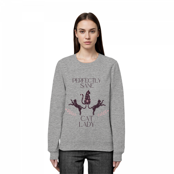 Frau trägt graues Cat Lady Sweatshirt Damen mit minimalistischem Katzenprint