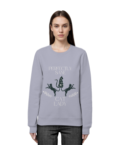 Frau trägt graublaues Cat Lady Sweatshirt Damen mit stilvollem Katzenprint