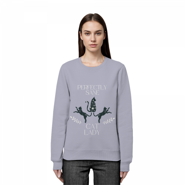 Frau trägt graublaues Cat Lady Sweatshirt Damen mit stilvollem Katzenprint