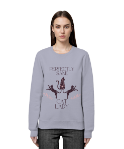 Frau trägt graublaues Cat Lady Sweatshirt Damen mit minimalistischem Katzenprint