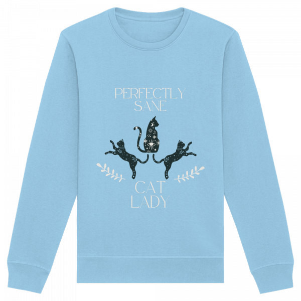 Himmelblaues Cat Lady Sweatshirt Damen mit minimalistischem Katzenmotiv und Schriftzug