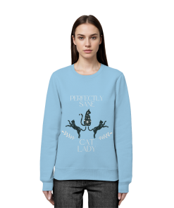 Frau trägt himmelblaues Cat Lady Sweatshirt Damen mit stilvollem Katzenprint