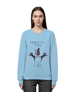 Frau trägt hellblaues Cat Lady Sweatshirt Damen mit minimalistischem Katzenprint