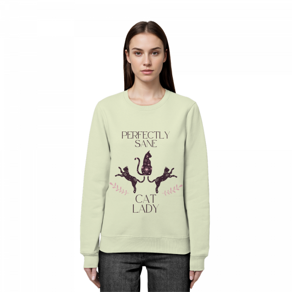 Frau trägt gelbgrünes Cat Lady Sweatshirt Damen mit minimalistischem Katzenprint