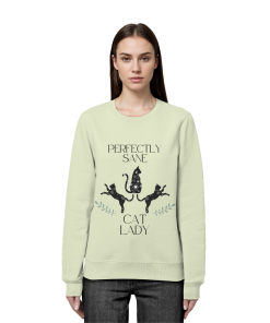 Frau trägt hellgrünes Cat Lady Sweatshirt Damen mit stylishem Katzenprint