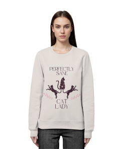 Frau trägt vintage weisses Cat Lady Sweatshirt Damen mit minimalistischem Katzenprint