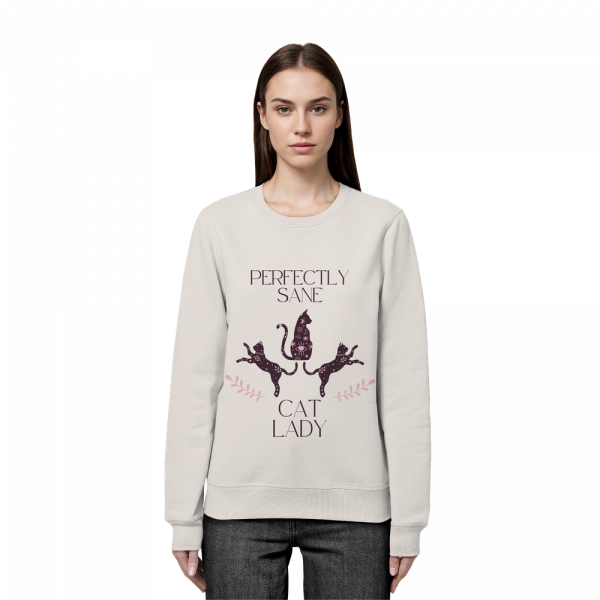 Frau trägt vintage weisses Cat Lady Sweatshirt Damen mit minimalistischem Katzenprint