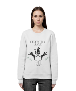 Frau trägt weisses Cat Lady Sweatshirt Damen mit stylishem Katzenprint