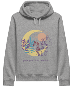 Grauer Katzen Hoodie Damen mit spirituellem Design und Katzenmotiv