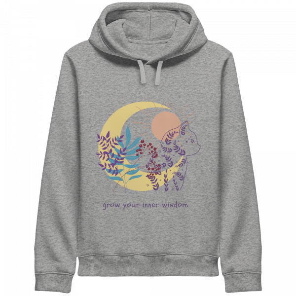 Grauer Katzen Hoodie Damen mit spirituellem Design und Katzenmotiv
