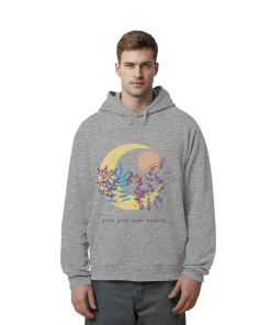 Mann trägt grauen Unisex Hoodie mit spirituellem Katzen Design
