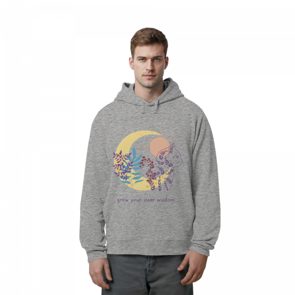 Mann trägt grauen Unisex Hoodie mit spirituellem Katzen Design