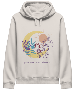 Vintage weißer Katzen Hoodie mit spirituellem Katzenmotiv und floralen Elementen