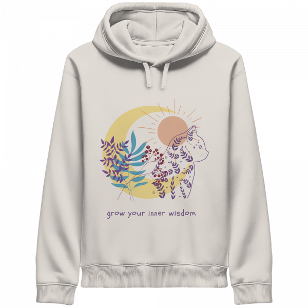 Vintage weißer Katzen Hoodie mit spirituellem Katzenmotiv und floralen Elementen