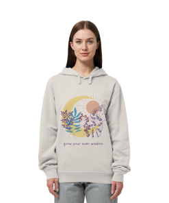 Frau trägt Vintage weißen Katzen Hoodie mit Grow Your Inner Wisdom Design