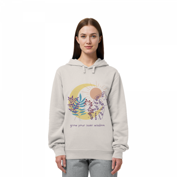 Frau trägt Vintage weißen Katzen Hoodie mit Grow Your Inner Wisdom Design