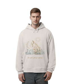 Mann trägt Vintage weißen Hoodie mit spirituellem Katzen Design