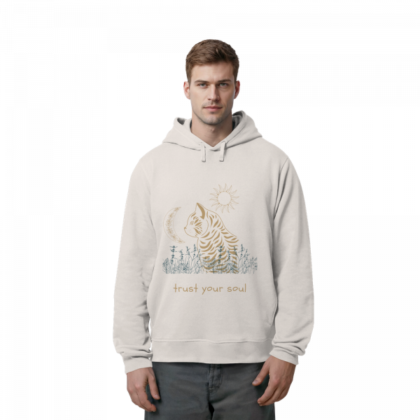 Mann trägt Vintage weißen Hoodie mit spirituellem Katzen Design