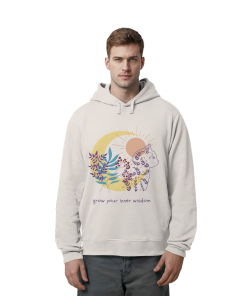 Mann trägt Vintage weißen Hoodie mit spirituellem Katzenprint