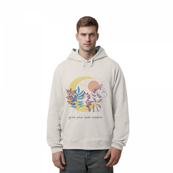 Mann trägt Vintage weißen Hoodie mit spirituellem Katzenprint