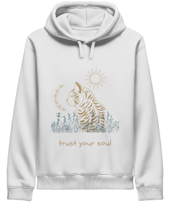 Weißer Katzen Hoodie Damen mit spirituellem Trust Your Soul Motiv und Katze
