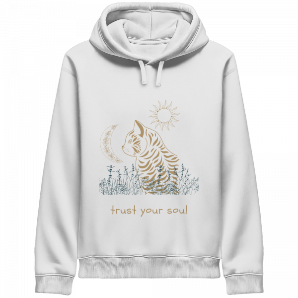 Weißer Katzen Hoodie Damen mit spirituellem Trust Your Soul Motiv und Katze