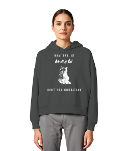 Model trägt anthrazitfarbenen Katzen Hoodie Damen mit Meow Statement und Katzenmotiv