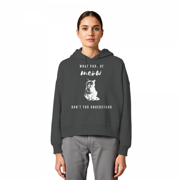 Model trägt anthrazitfarbenen Katzen Hoodie Damen mit Meow Statement und Katzenmotiv