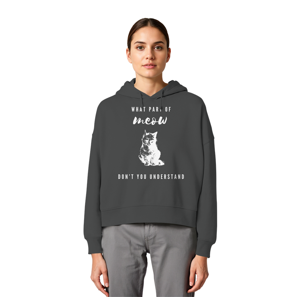 Model trägt anthrazitfarbenen Katzen Hoodie Damen mit Meow Statement und Katzenmotiv