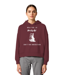 Model trägt burgundy Katzen Hoodie Damen mit lustigem Meow Spruch