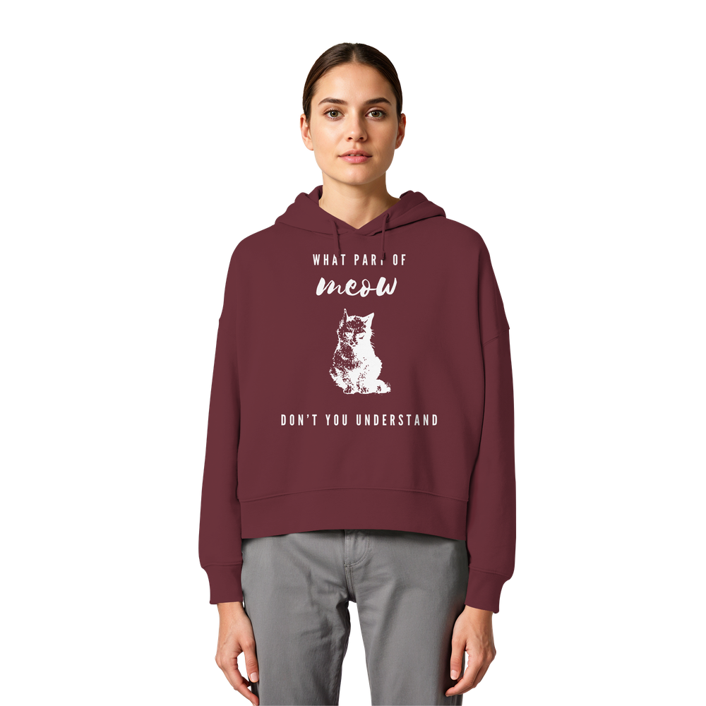 Model trägt burgundy Katzen Hoodie Damen mit lustigem Meow Spruch