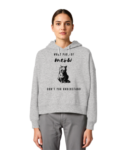 Model trägt grauen Katzen Hoodie Damen mit lustigem Meow Statement