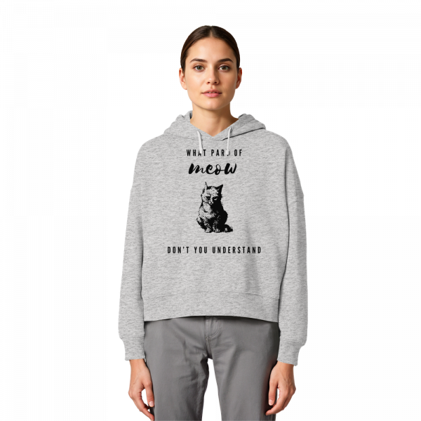 Model trägt grauen Katzen Hoodie Damen mit lustigem Meow Statement