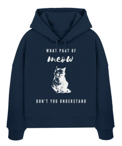 Dunkelblauer Katzen Hoodie Damen mit weißem Meow Print und Katzen Illustration