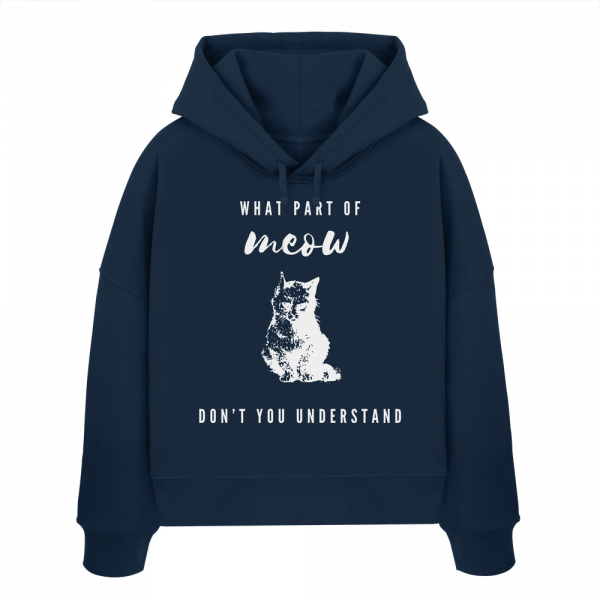 Dunkelblauer Katzen Hoodie Damen mit weißem Meow Print und Katzen Illustration