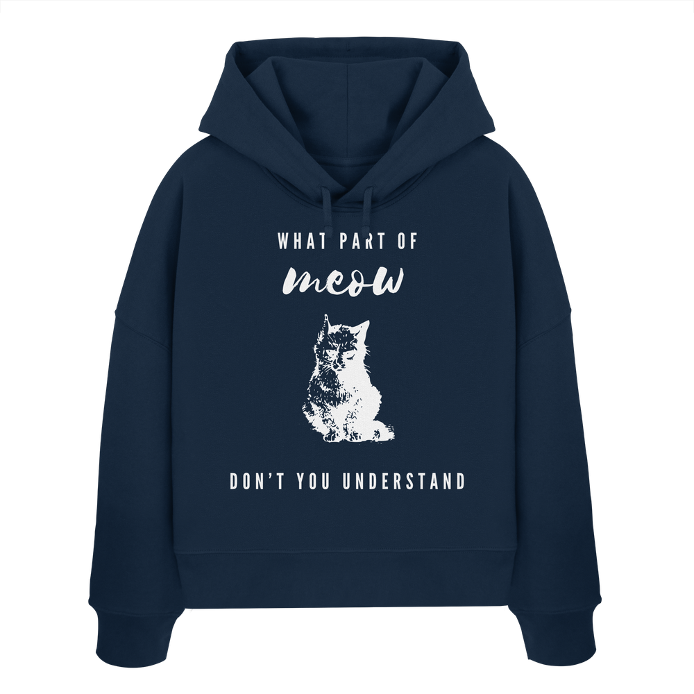 Dunkelblauer Katzen Hoodie Damen mit weißem Meow Print und Katzen Illustration
