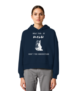 Model trägt dunkelblauen Katzen Hoodie Damen mit humorvollem Meow Statement