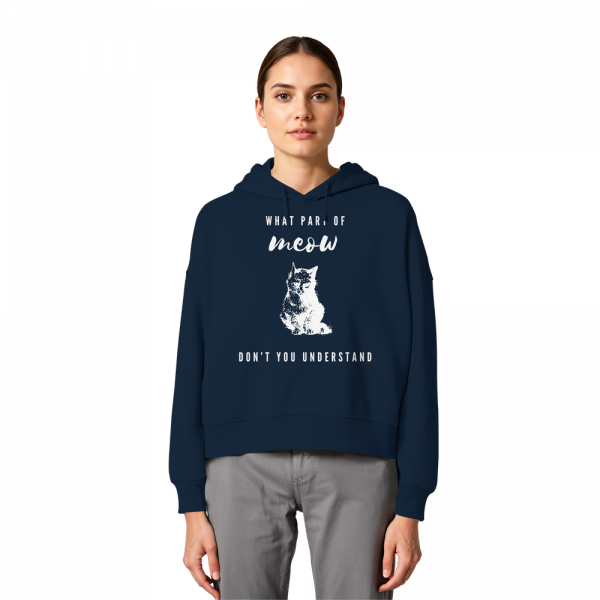Model trägt dunkelblauen Katzen Hoodie Damen mit humorvollem Meow Statement