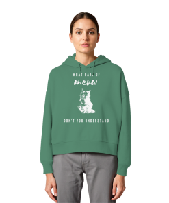 Model trägt grünen Katzen Hoodie Damen mit weißem Meow Spruch und Katzenmotiv
