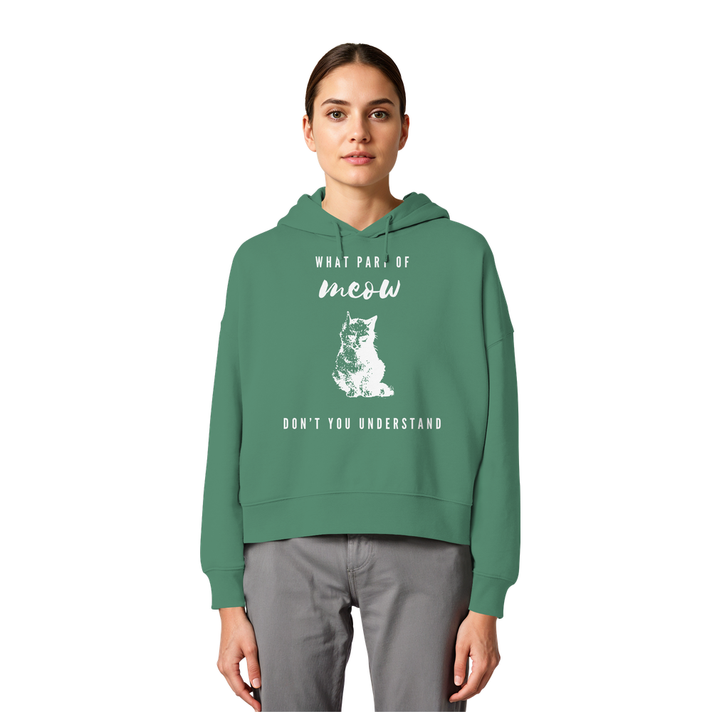 Model trägt grünen Katzen Hoodie Damen mit weißem Meow Spruch und Katzenmotiv